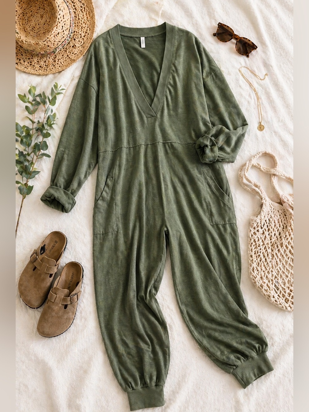 Free People Intimately | Just Because Onesie Jumpsuit Olive Green Slouchy | XL - Picture 2 of 6